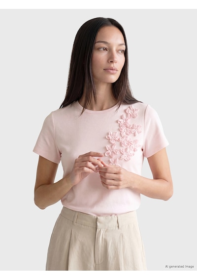 Lcw Everyday Pembe Bisiklet Yaka Nakışlı Kadın Tişört
