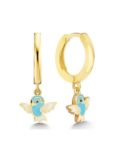 Gümüş Gold Mavi Renkli Sallantılı Kuş Kadın Küpe Gümüş