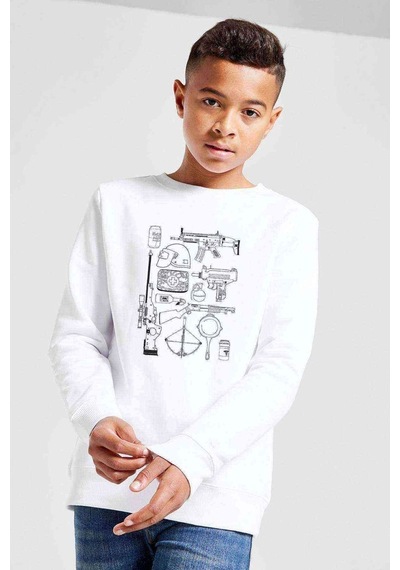Tshirthane Pubg Envanter Baskılı Unisex Çocuk Beyaz Sweatshirt Beyaz
