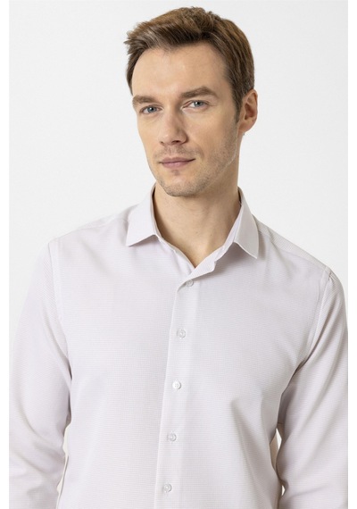 Süvari Bej Slim Fit Armürlü Klasik Yaka Gömlek