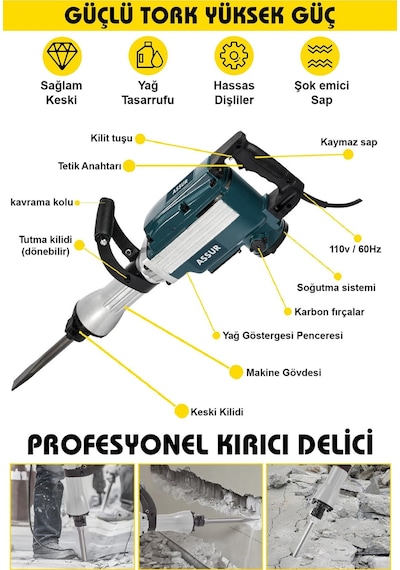 Assur Büyük Tip Kırıcı Hilti KaVrama Kollu 16 Kg 3 Metre Kablolu Çantalı 65mm - 1789