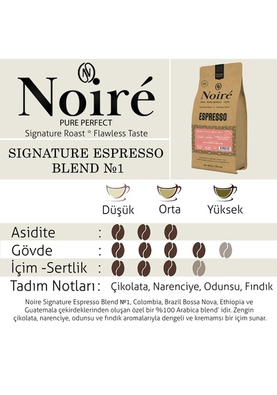 2'li Set Noire Signature Espresso Blend 1 1 Kg Çekirdek Kahve %100 Arabica Yüksek Crema Yoğun Aroma