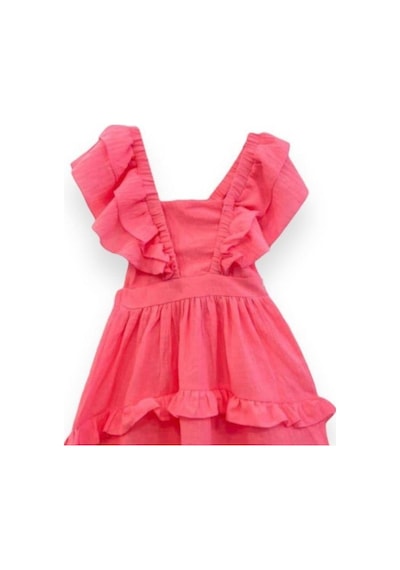 Kız Çocuk Askılı Dokuma Sırtı Açık Elbise-13744 Neon Pembe
