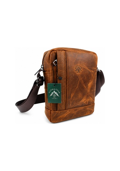 Alphaclub Bag Erkek Crazy Taba Hakiki Deri Postacı El Ve Omuz Çantası Orta Boy