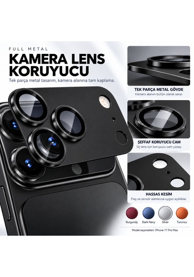 Premium Metal Lens Koruyucu İphone 17/18 Pro Max İle Uyumlu Siyah