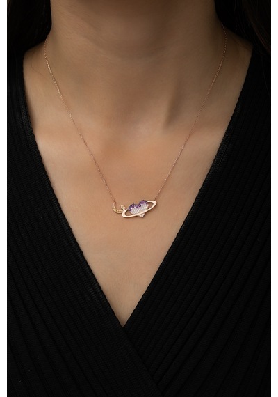 Papatya Silver Satürn Kuşaklı Kalp Ay Yıldız Bayrak Kolye Rose Gold Kaplama 925 Ayar Gümüş, UVPS100491