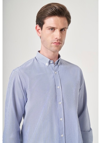 İmza Düğmeli Yaka Uzun Kol Cepsiz Slim Fit Pamuklu Gömlek 1004260205 Beyaz - K.mavi