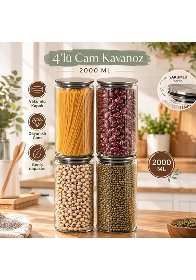 S-2091 Sarina 4'lü Çizgili Cam Kavanoz Seti 2000 Ml Metal Vakum Kapaklı Büyük Boy Mutfak Kiler Erzak Ve Bakliyat Saklama Kabı Diğer
