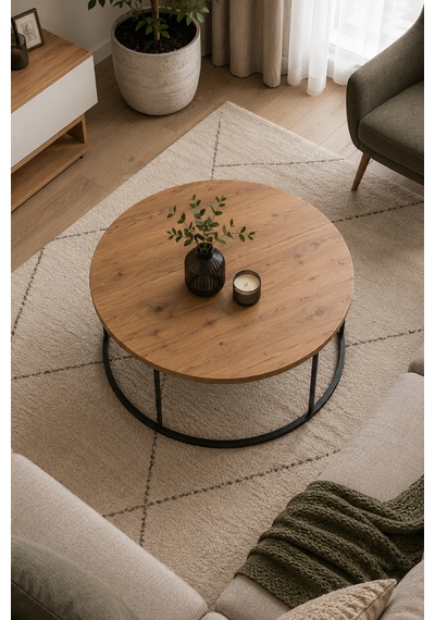 Reyo Falez Terra Lüx Ceviz Yuvarlak Orta Sehpa Modern Metal Ayaklı Salon Ve Oturma Odası Sehpası 70 Cm