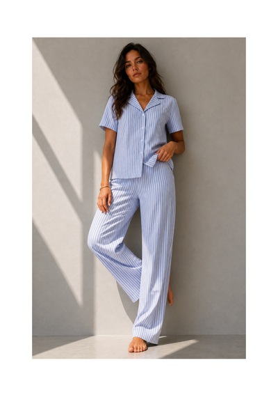 Fit Women Kadın Klasik Doğal Düğme Gece Mavi Pijama Takımı