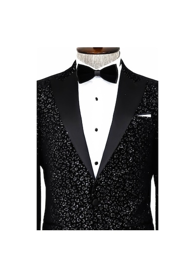 Wessi Leopar Desenli Slim Fit Siyah Erkek Smokin Ceket Siyah