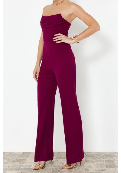 Ersefa Kadın Moda Standart Kol Geniş Paça Straplez Düz Desen Regular Kor Mürdüm