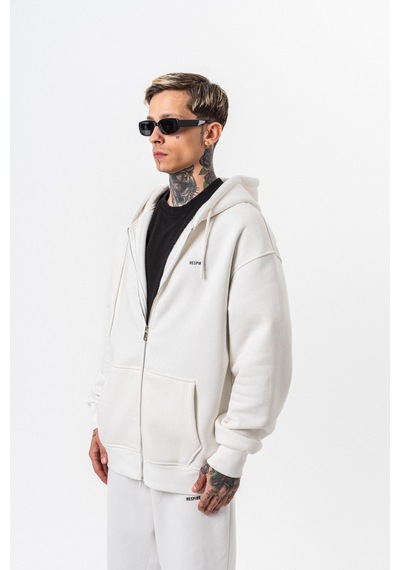 Erkek Respire Yazı Detaylı Kapüşonlu Basic Zip Oversize Hoodie Ekru