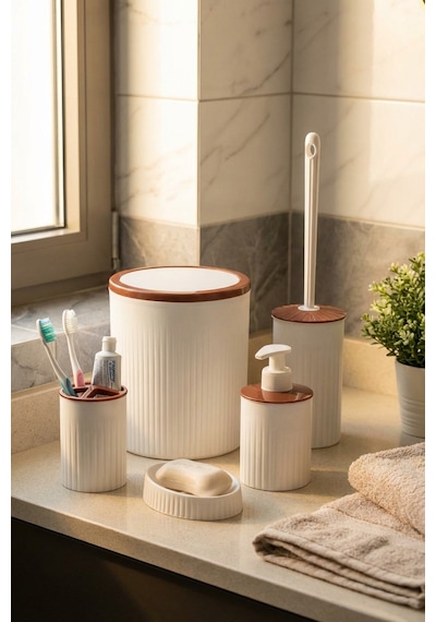 Makri Home 5 Parça Şık Beyaz Banyo Seti, Hacim: 6 Litre Beyaz