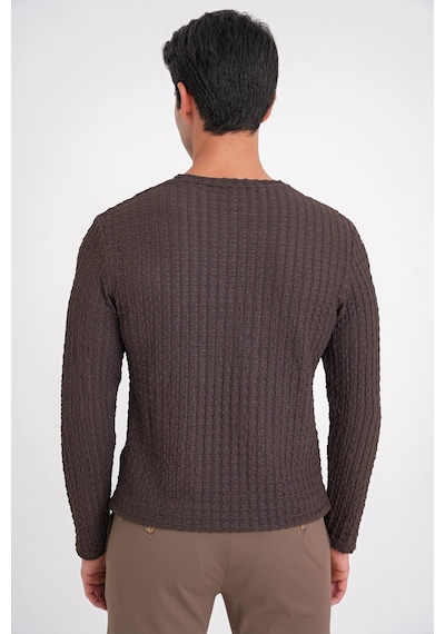 Efor Slim Fit Esnek Pamuklu Dokulu Kumaş Uzun Kollu Kahverengi Tişört Ts 934