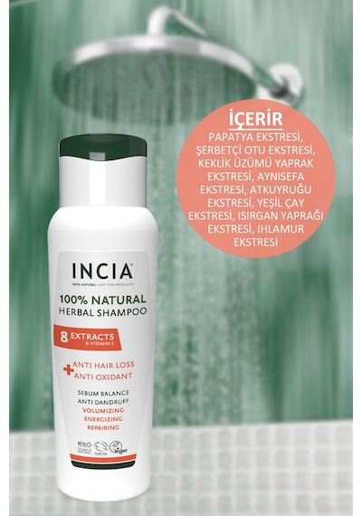 INCIA %100 Doğal Saç Dökülmesine Karşı Etkili Şampuan 8 Değerli Bitki Eki Vegan  275 ML
