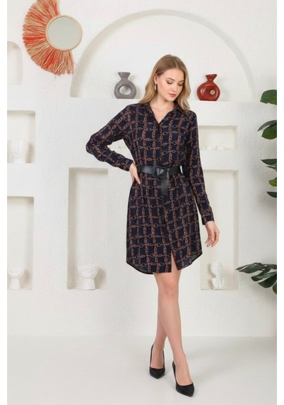 Polologin Butik Lacivert Zincir Desenli Gömlek Elbise - Mini Boy Lacivert