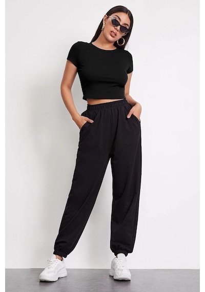 I-moda Kadın Siyah Yuvarlak Yaka Yarım Kol Crop Top Bluz