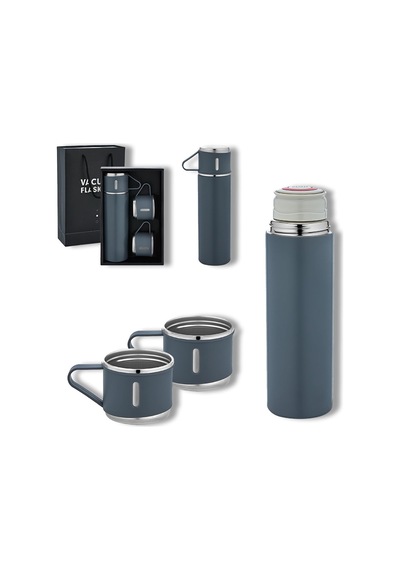 Bk Gift Paslanmaz Çelik 500ml 3 Bardaklı Sızdırmaz Termos Seti-gri, Vakumlu Termos Set