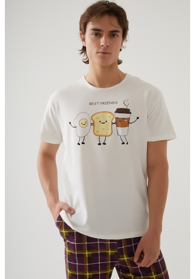 Erkek Kısa Kollu Pamuklu Ekose Desenli Breakfast Baskılı Pijama Takımı Ke30216 Sarı