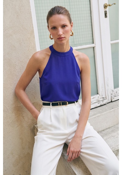 Sateen Halter Yaka Bluz -137731 Saks Mavi