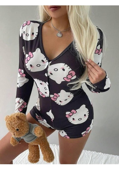 Avastyle Pamuklu Siyah Hello Kitty Desenli Düğmeli Uzun Kol Tulum Pijama Ava Çok Renkli