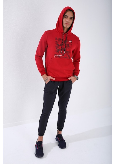 Tommy Life Kırmızı Kamuflaj Desen Baskılı Standart Kalıp Kapüşonlu Erkek Sweatshirt - 87884 Kırmızı