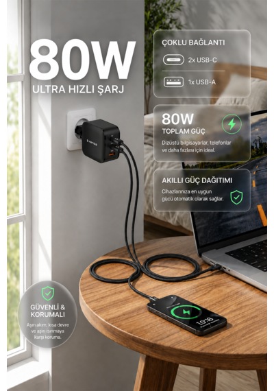 80w Üç Portlu Usb-c Girişli Akıllı Hızlı Şarj Adaptörü