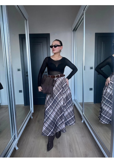 Keymoda Kadın Ekoseli Kemerli Etek Kahve Bej Kahverengi