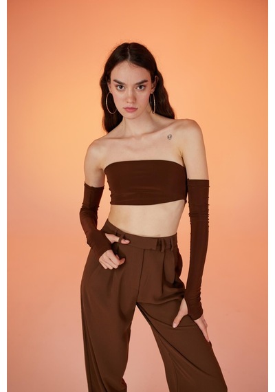 Holly Lolly Straplez Model Kol Detaylı Noir Bluz Kahverengi Kahve