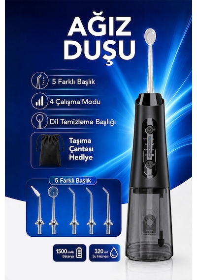 Şarjlı Ağız Duşu - 320ml Su Hazneli 5 Başlık 4 Çalışma Modlu Su Geçirmez Ağız Diş Dil Temizleyici Siyah