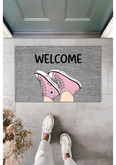 Rugmood Modern Dijital Baskı - Ayakkabı Welcome - Kapı Önü Paspası Gri
