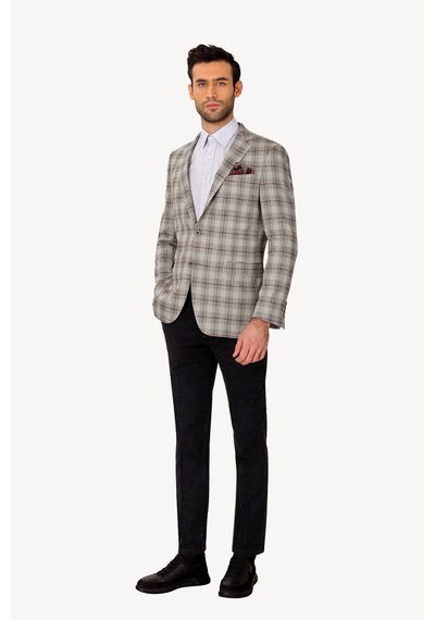 Erkek Gri Regular Fit Ekose Ceket