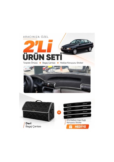Opel Astra F Aırbagsız 1991-1997 Uyumlu Torpido Örtüsü + Deri Bagaj Çantası + Sticker - Siyah Gri