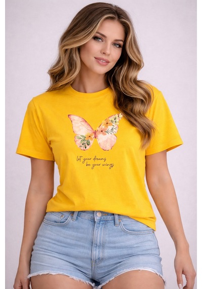 Herkesemoda Kelebek Baskı Detaylı Basic T-shirt Sarı