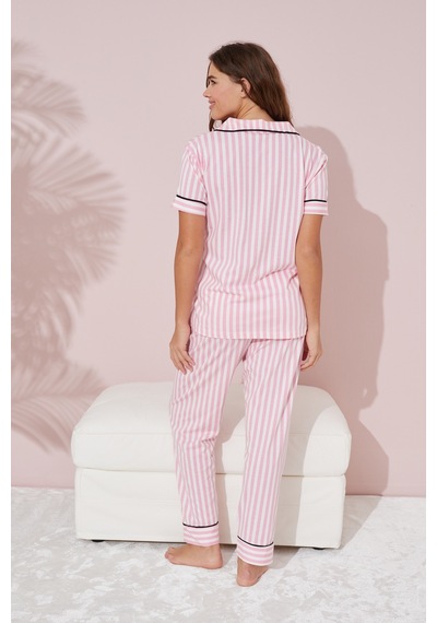 Siyah İnci Pamuklu Likralı Düğmeli Pijama Takım Pembe-beyaz Çizgili
