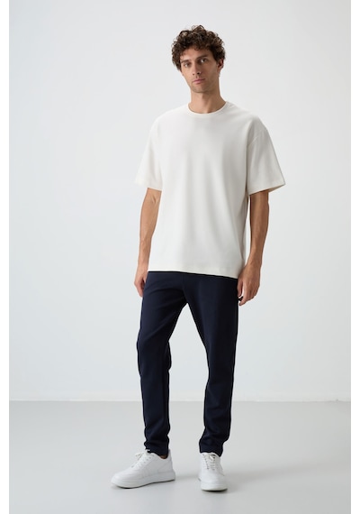 Tommy Life Ekru - Lacivert Pamuklu Kalın Yumuşak Dokulu Oversize Fit Basic Erkek Eşofman Takım - 85251 Ekru