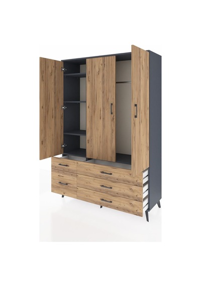 Hyperion Dolap 5 Raflı 5 Çekmeceli Tek Askılı 132x44x195 Antrasit-çam/çam Atlas Çam/atlas Çam