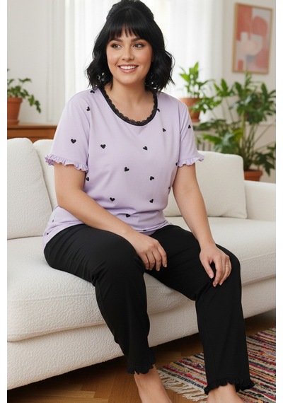 Siyah İnci Desenli Pamuklu Büyük Beden Battal Boy Örme Pijama Takım 26113878 Lila
