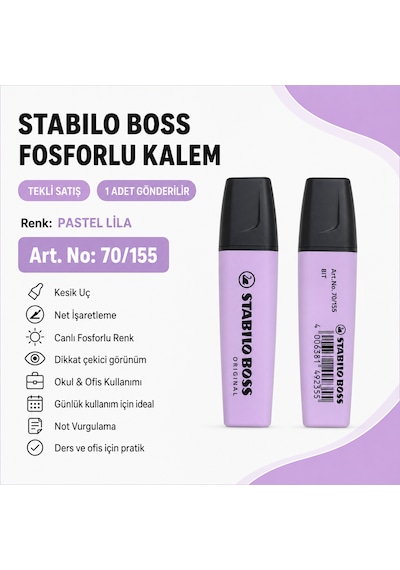 Boss Fosforlu Kalem 1 Adet Metin İşaretleme Kalemi Pastel Lila
