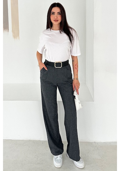 Pileli Yüksek Bel Kemerli Kumaş Pantolon Elegant Gri