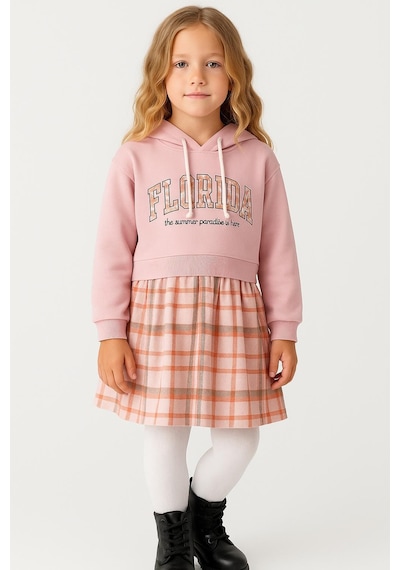 Kız Çocuk Sweatshirt Görünümlü Ekose Desenli Elbise-1710-p- Pembe