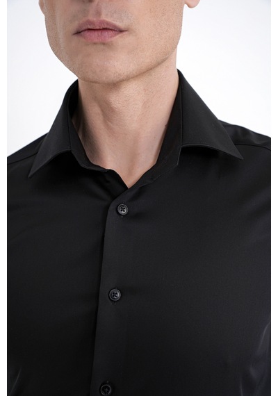 Slim Fit İtalyan Yaka %100 Pamuk Saten Düz Siyah Gömlek Gk 759