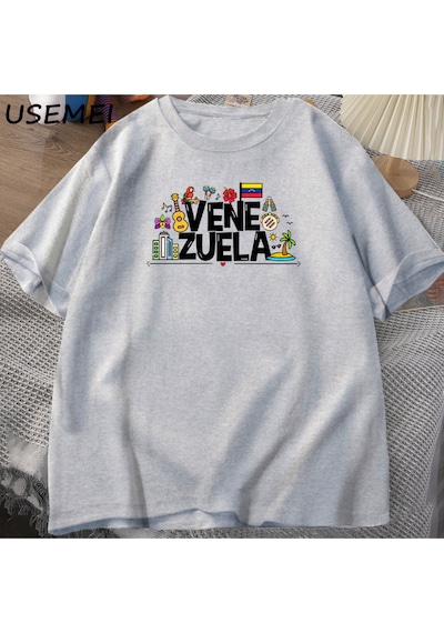 Flood Of Style Venezuela Hasta Tshirt Kadın Erkek Venezüella Con T-shirt Pamuk Kısa Kollu Baskılı Tshirt Uni Gri