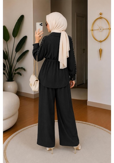 Hira Life Fashion Kadın Kolu Taş Detaylı Bel Bağlamalı Salaş Keten Gömlek Pantolon İki 'li Şık Takım Siyah Siyah Hira Life Fashion Kadın Kolu Taş Detaylı Bel Bağlamalı Salaş Keten Gömlek Pantolon İki 'li Şık Takım Siyah Siyah