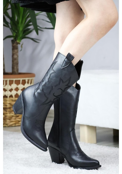 Asmi Shoes Kadın Siyah Cilt Kovboy 7 Cm Topuklu Fermuarlı Çizme Siyah Siyah
