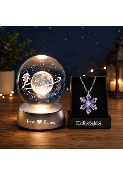 Kişiye Özel Satürn Işıklı Cam Küre 8cm 6cm Lotus Kamelya Çiçeği Kolye Hediyeli