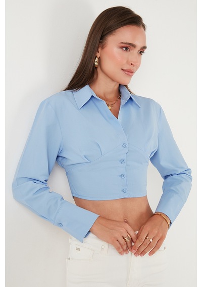 Lela Fitted Fit Pamuklu Korse Detaylı Uzun Kollu Crop Bayan Gömlek 611Go00376 Bebe Mavi