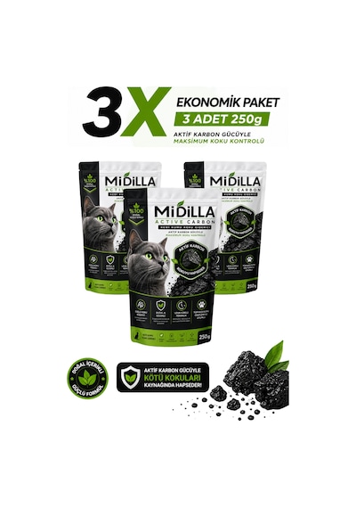 Midilla Active Carbon Kedi Kumu Koku Giderici 3 X 250 G %100 Gerçek Aktif Karbon Toplam 750 G