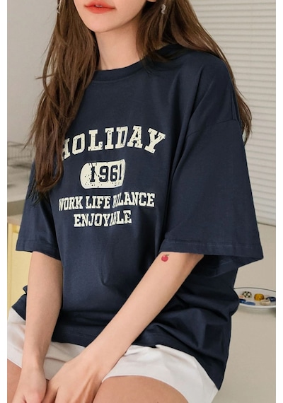Unisex Holiday Baskılı Tasarım Tshirt Lacivert